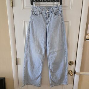 American Eagle Wide Leg Jeans Size 0 Long Light Distressed Stretch Denim Y2K